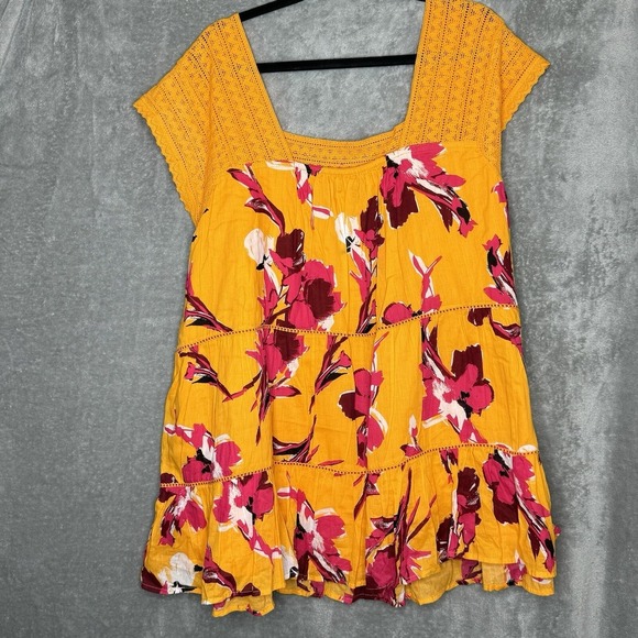 Lane Bryant 28 3X Top Shirt Yellow Floral Flower Square Neck Cap Short Sleeve - Picture 7 of 7